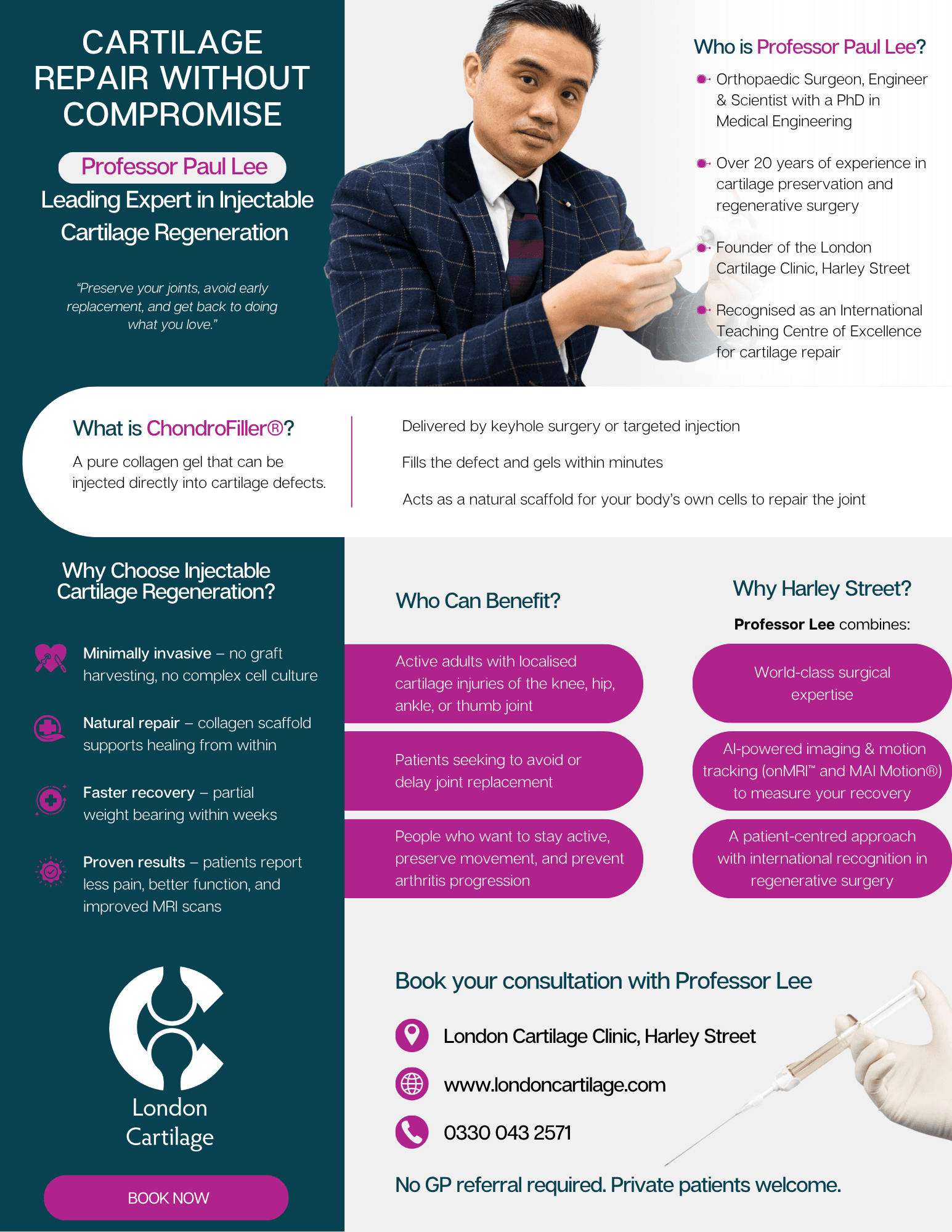 Professor Paul Lee — London Cartilage Clinic expert in injectable cartilage regeneration. Promotional poster highlighting cartilage repair with ChondroFiller®: minimally invasive collagen gel injection for natural cartilage healing, faster recovery, and proven results. Suitable for knee, hip, ankle, and thumb cartilage injuries. Professor Paul Lee is an orthopaedic surgeon and PhD in Medical Engineering with 20+ years of experience in cartilage preservation. Located on Harley Street, the clinic offers AI-assisted motion tracking and world-class regenerative treatments. Private patients welcome, no GP referral required.